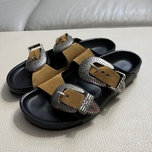 Sandro Women’s Double Buckle Suede Leather Sandal-Made in Portugal-EU 37 / US 7